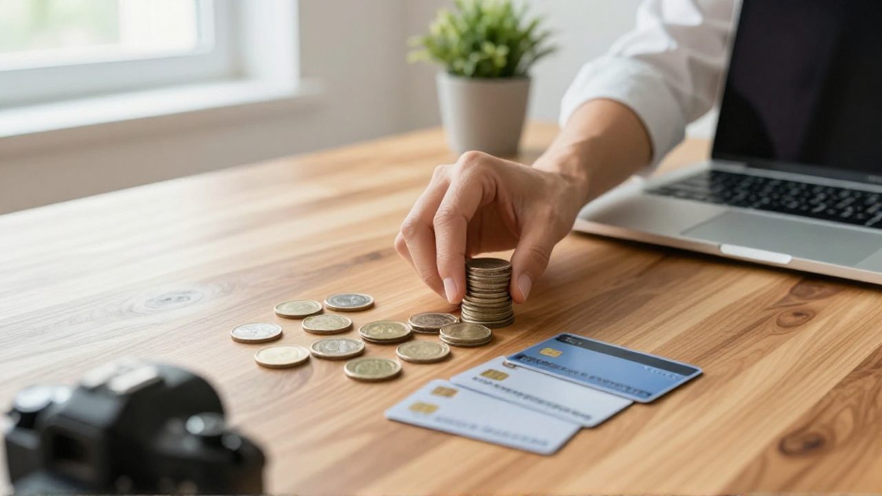 Manos organizando pilas de monedas y tarjetas bancarias sobre un escritorio de madera en una oficina luminosa.