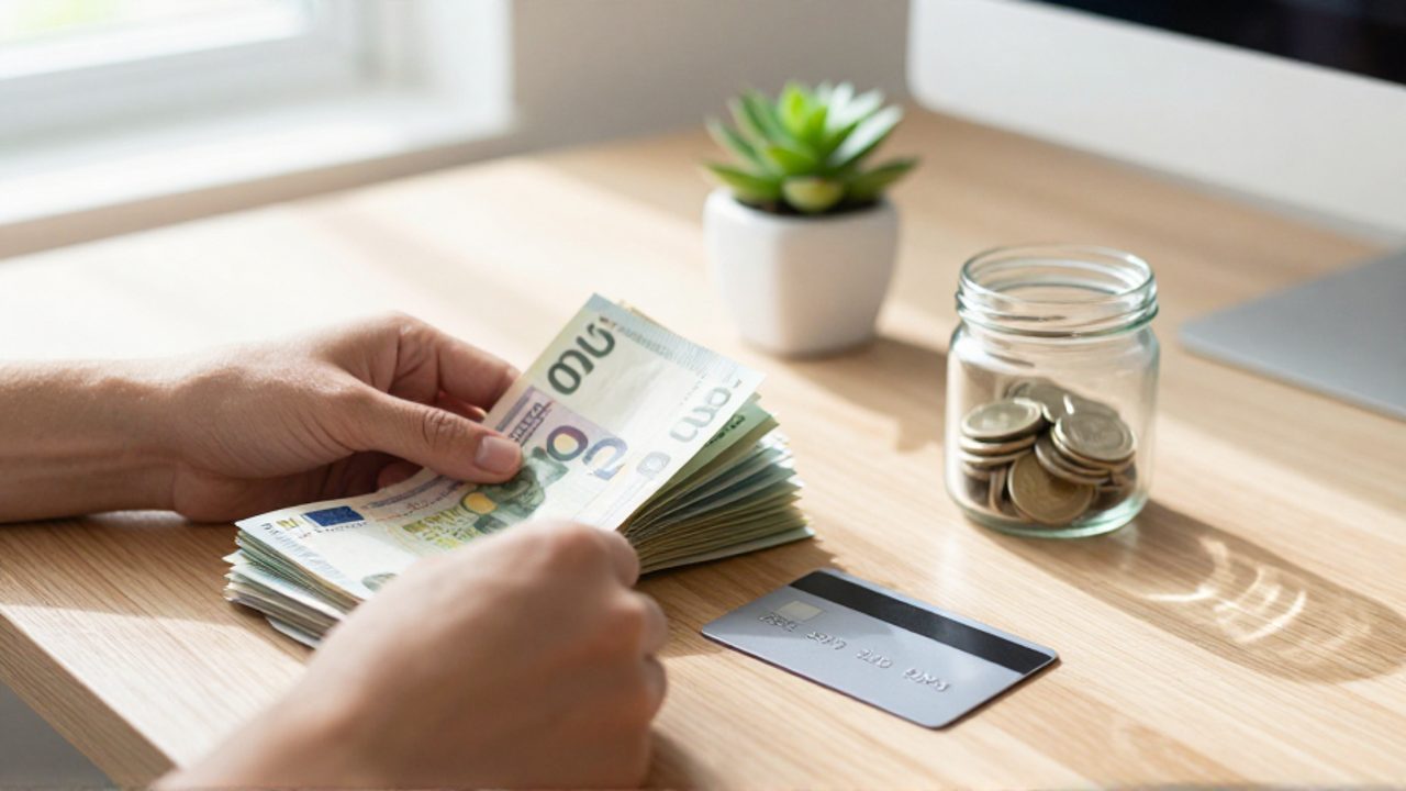 Manos que organizan billetes, una tarjeta de débito y un frasco con monedas sobre un escritorio de madera, simbolizando el ahorro y la gestión de fondos.