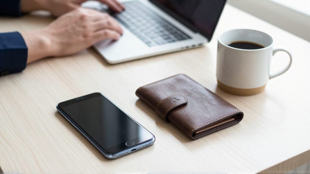 Un smartphone y una cartera de cuero sobre un escritorio de oficina ordenado, transmitiendo una sensación de control y planificación financiera.