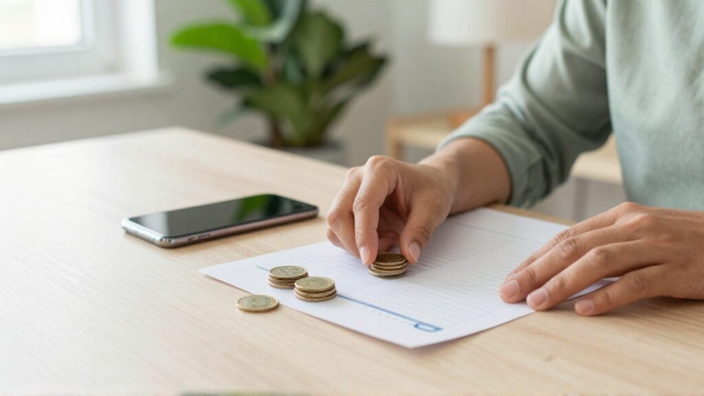 Manos organizando monedas junto a un smartphone y una agenda sobre un escritorio de madera en un ambiente luminoso de oficina en casa.