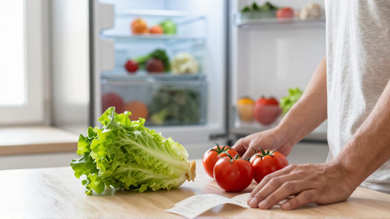 Manos de una persona sobre una encimera de cocina frente a una lechuga marchita, tomates golpeados y un ticket de compra, contrastando con un refrigerador organizado al fondo.