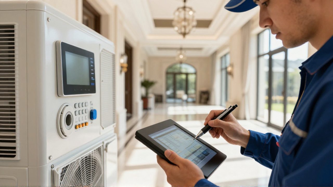 Un técnico realiza una inspección del sistema de climatización en el pasillo de una casa lujosa.