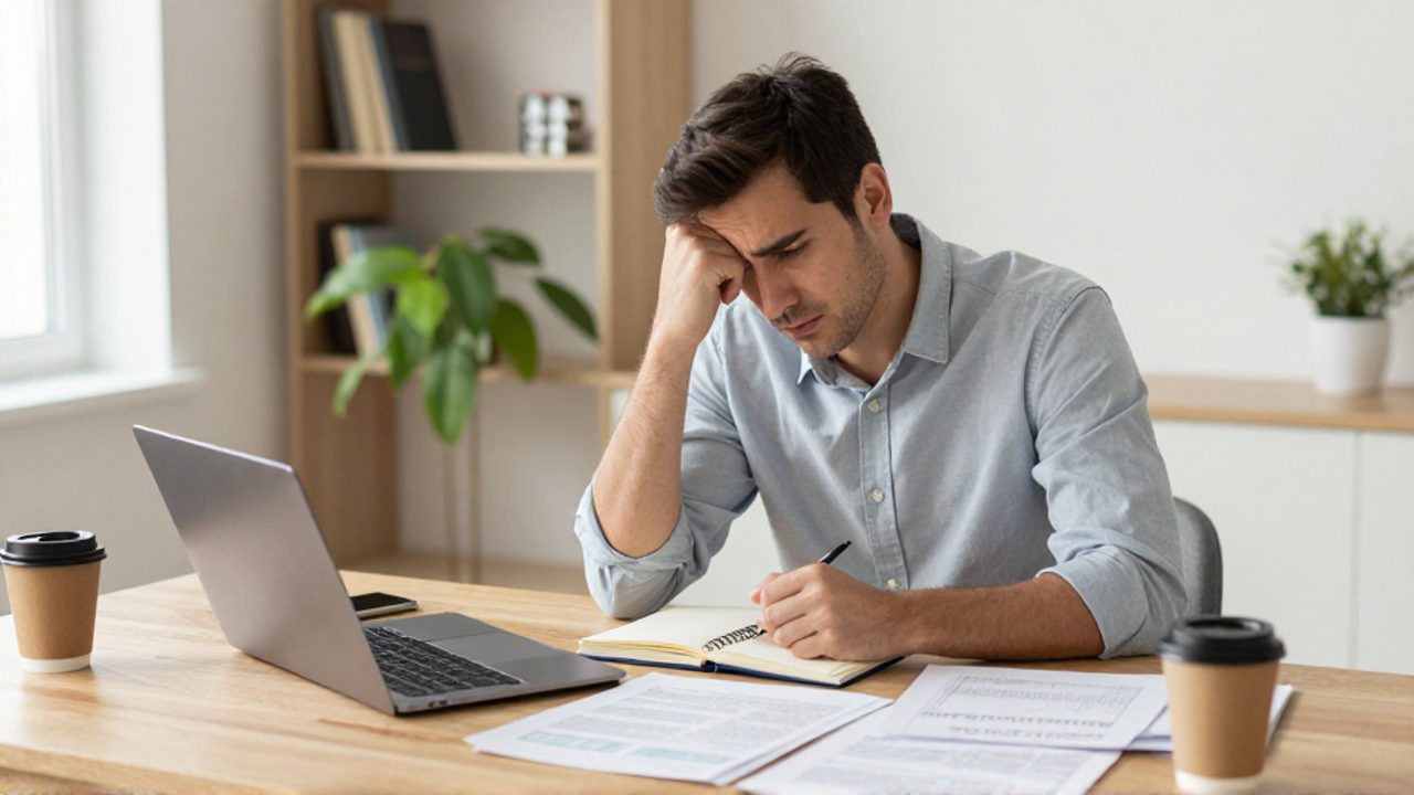 Emprendedor con expresión de frustración revisa notas y hojas desordenadas sobre un escritorio en su oficina en casa.