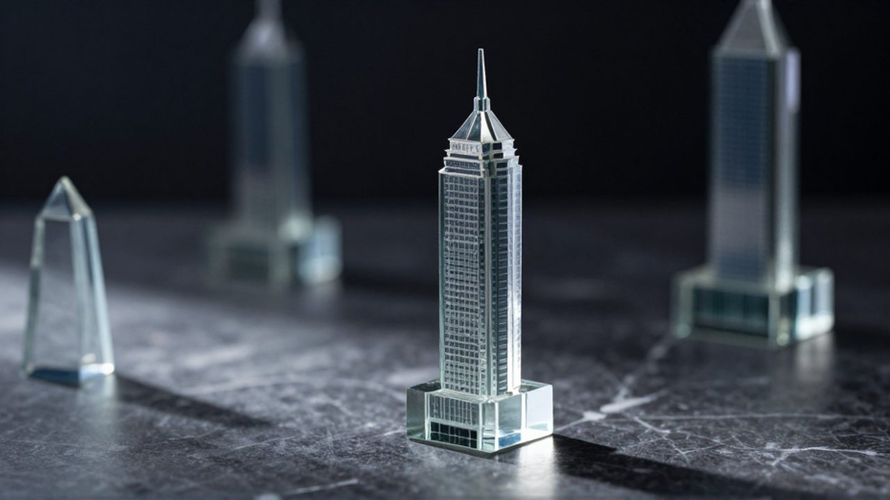 Escultura de cristal con forma de rascacielos colocada de forma precaria sobre una superficie de mármol, simbolizando la inestabilidad y el riesgo de la concentración de activos.