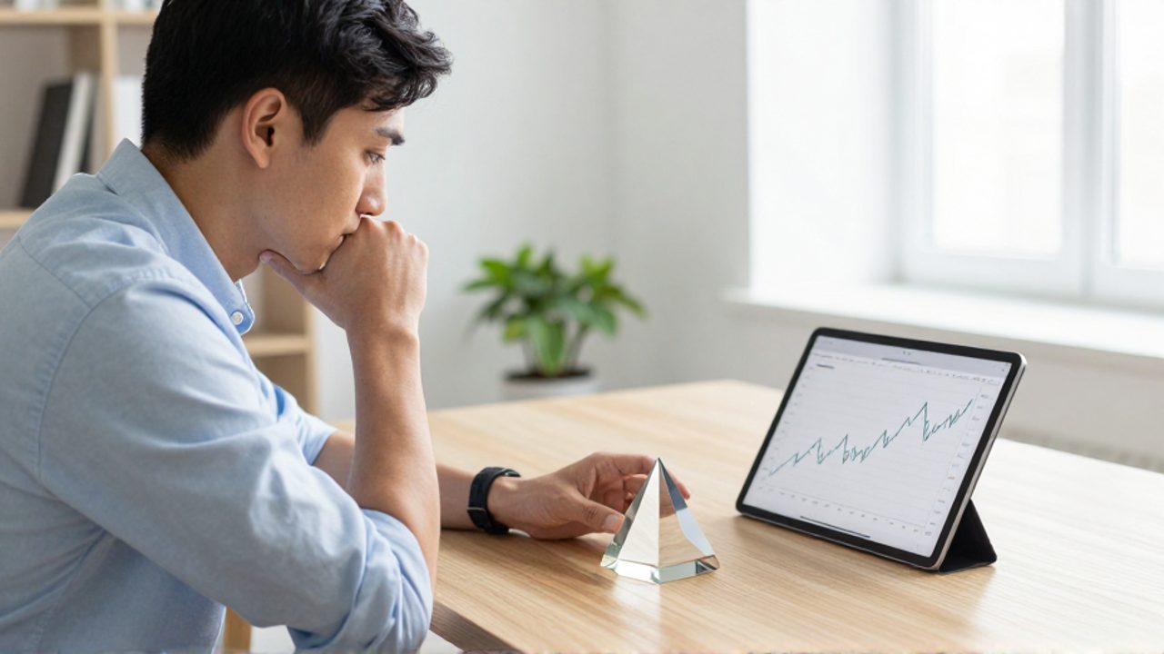 Persona con expresión reflexiva observa un gráfico de líneas con gran volatilidad en una tablet sobre un escritorio de oficina.