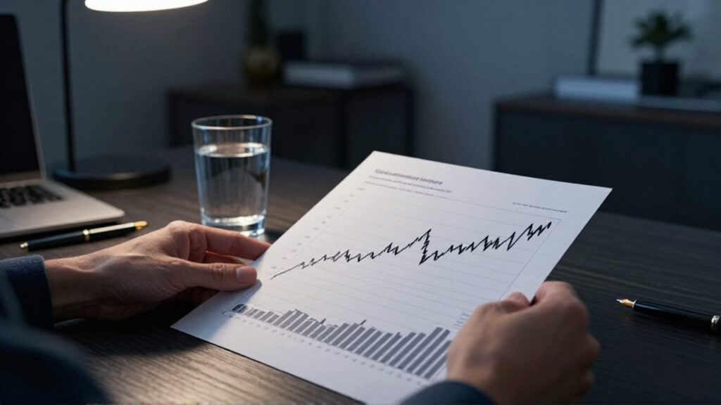 Manos de una persona analizando un informe financiero con gráficas de líneas que muestran fluctuaciones pronunciadas sobre un escritorio de madera.