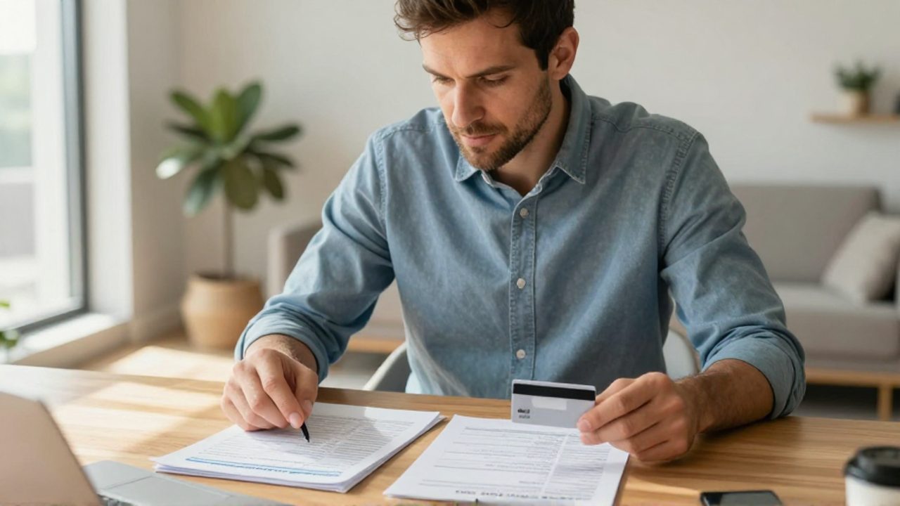 Un hombre analiza en su escritorio una tarjeta de crédito y un extracto bancario para comparar opciones de financiamiento.