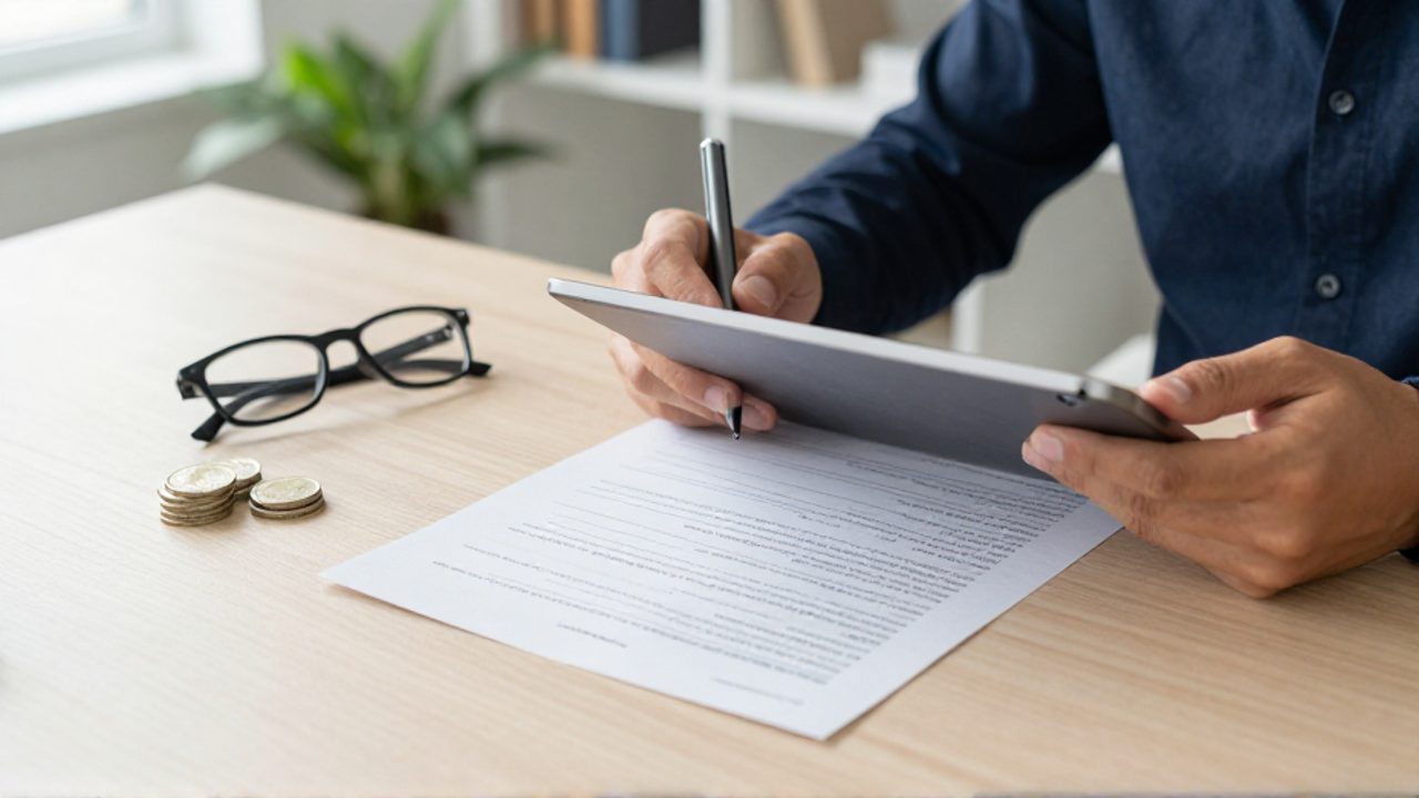 Persona revisando minuciosamente un informe financiero impreso y una tableta digital sobre un escritorio de madera.