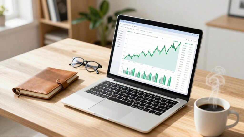 Escritorio de oficina luminoso con un portátil que muestra gráficos financieros de crecimiento junto a un cuaderno, café y gafas.
