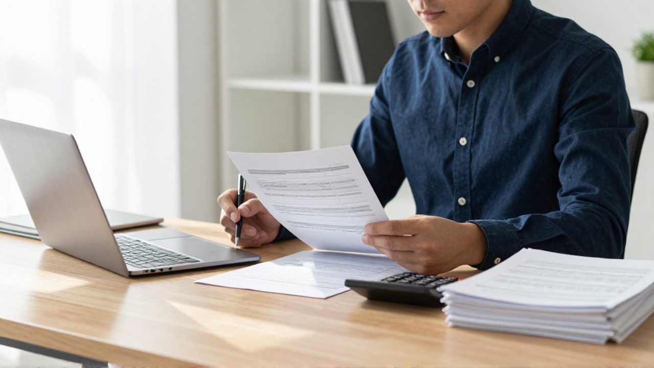 Persona trabajando concentrada en un escritorio moderno revisando documentos financieros y utilizando una calculadora.