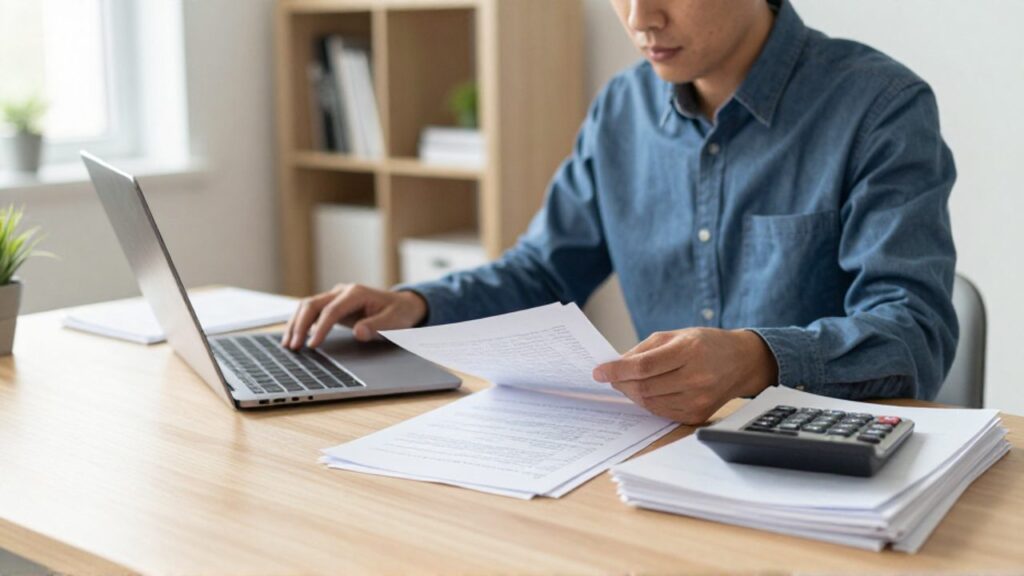 Trabajador autónomo organizado revisando documentos y usando una calculadora frente a su ordenador en una oficina en casa luminosa.
