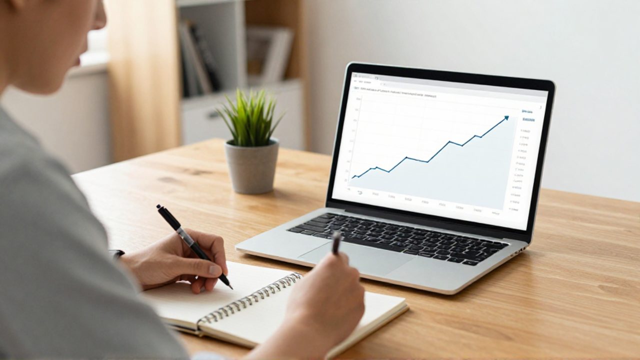 Persona concentrada tomando notas frente a un ordenador que muestra un gráfico de crecimiento financiero exponencial.