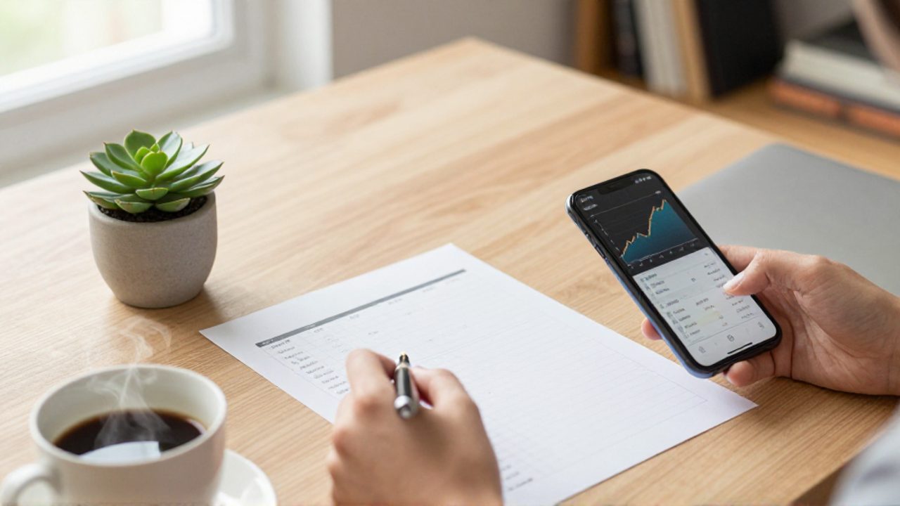 Persona anotando cifras de crecimiento en una agenda mientras consulta un gráfico de inversiones en su smartphone sobre un escritorio ordenado.
