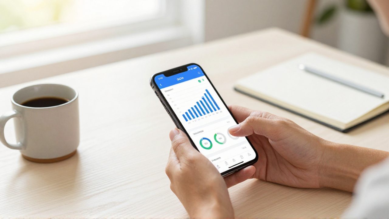 Manos sosteniendo un smartphone que muestra un panel de control financiero con gráficos de presupuesto sobre un escritorio de madera.