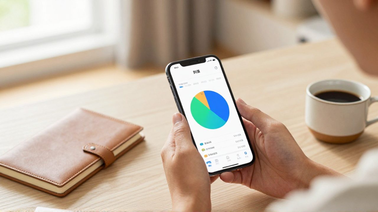 Manos sosteniendo un smartphone que muestra un gráfico circular con un aumento inesperado en los gastos, sobre un escritorio con un cuaderno y una taza de café.