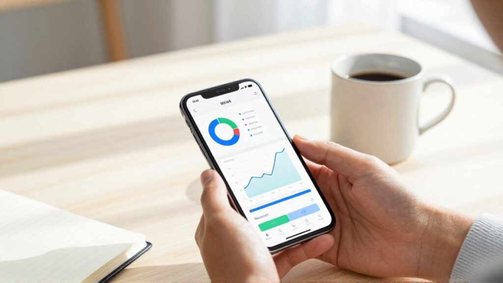 Persona sosteniendo un smartphone que muestra un panel con gráficos y estadísticas financieras sobre un escritorio ordenado.