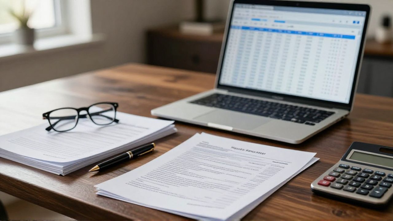 Escritorio organizado con una computadora mostrando hojas de cálculo financieras junto a documentos fiscales, una calculadora y gafas sobre una mesa de madera.