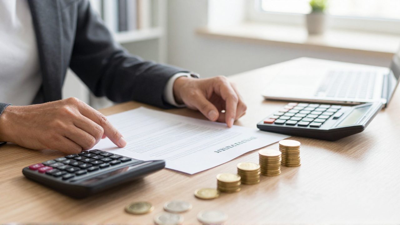 Manos organizando documentos financieros, una calculadora y monedas de oro sobre un escritorio de madera.