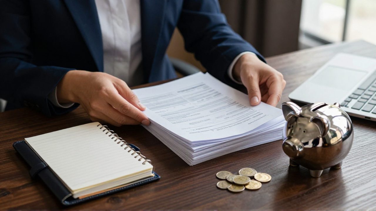 Manos organizando documentos financieros junto a una libreta y una hucha de metal sobre un escritorio, transmitiendo control y gestión de ahorros.