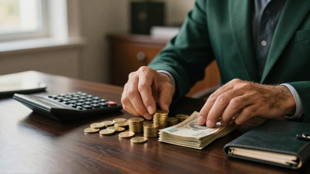 Manos de un profesional organizando monedas de oro, billetes, una calculadora y una agenda sobre un escritorio de madera.