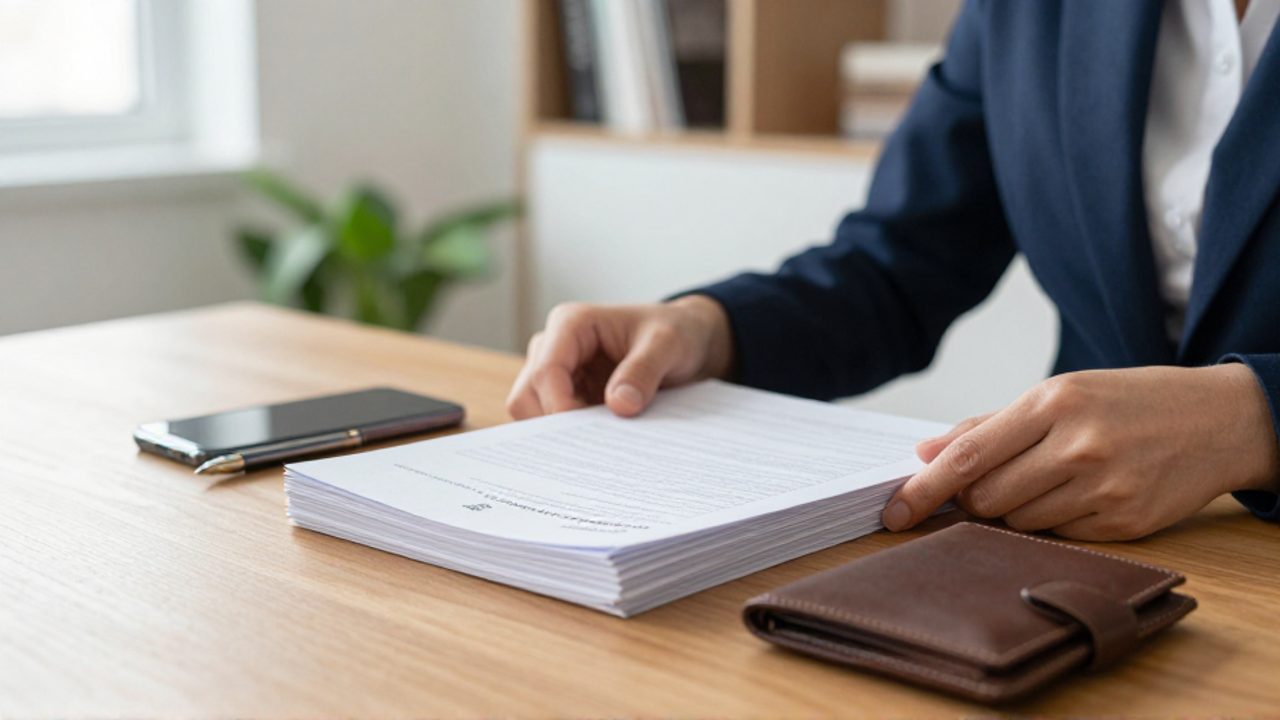 Manos organizando documentos bancarios, una cartera y un bolígrafo sobre un escritorio de madera, transmitiendo orden y planificación financiera.