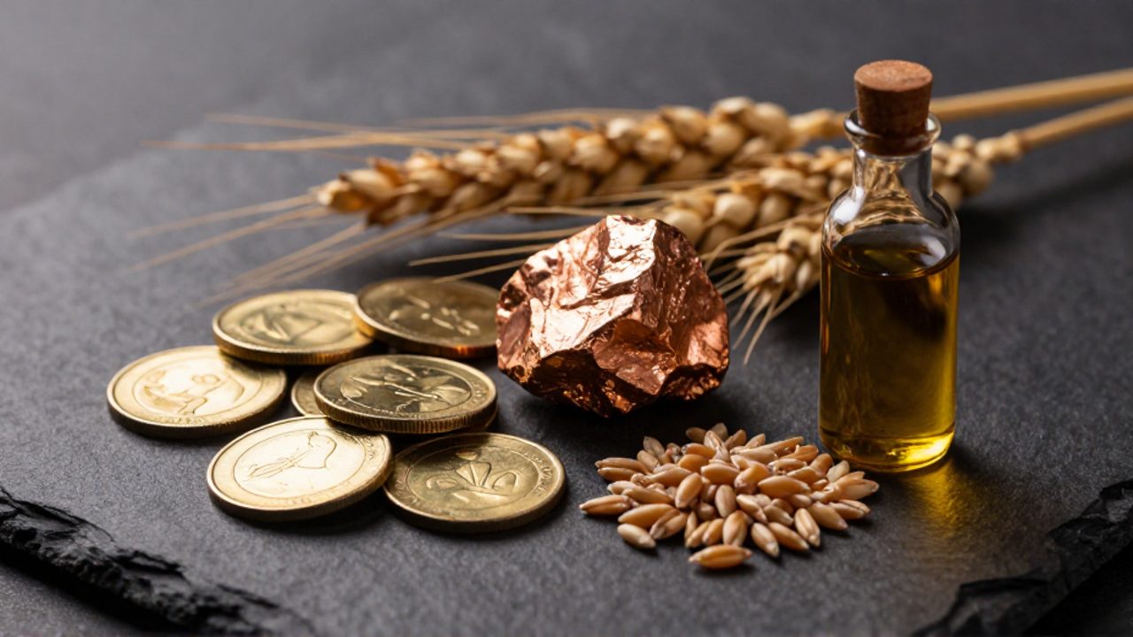 Variedad de materias primas que incluyen monedas de oro, mineral de cobre, espigas de trigo y un vial de petróleo sobre una superficie oscura.