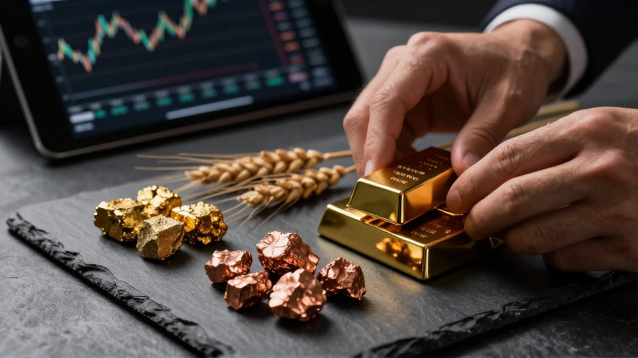 Manos de un profesional examinando muestras de lingotes de oro, mineral de cobre y trigo sobre una mesa, con un gráfico de mercado de fondo.
