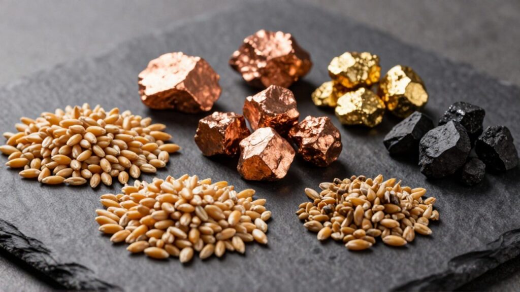 Pequeños montones de trigo, trozos de cobre, pepitas de oro y carbón dispuestos sobre una superficie oscura.