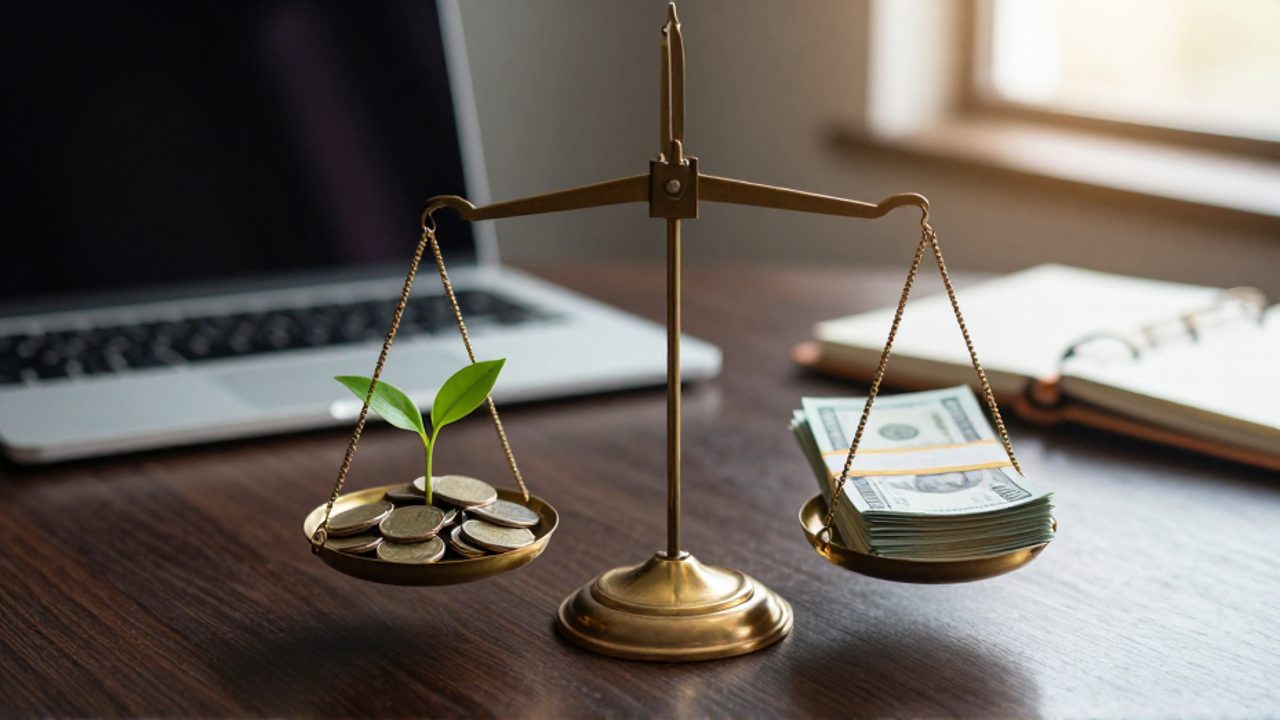 Una balanza sobre un escritorio equilibra un pequeño brote creciendo entre monedas con un fajo de billetes, simbolizando el balance entre el crecimiento empresarial y el reparto de dividendos.
