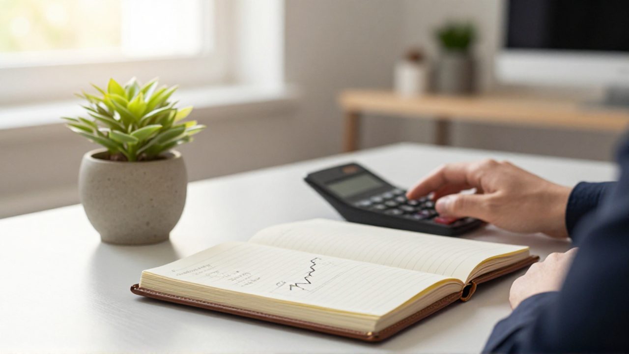 Cuaderno con gráficos de crecimiento y una calculadora junto a una pequeña planta en un escritorio organizado.