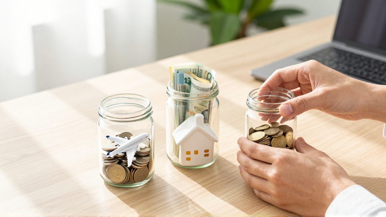 Manos organizando tres frascos de cristal sobre un escritorio con monedas, billetes y una pequeña maqueta de una casa para representar distintos objetivos de ahorro.