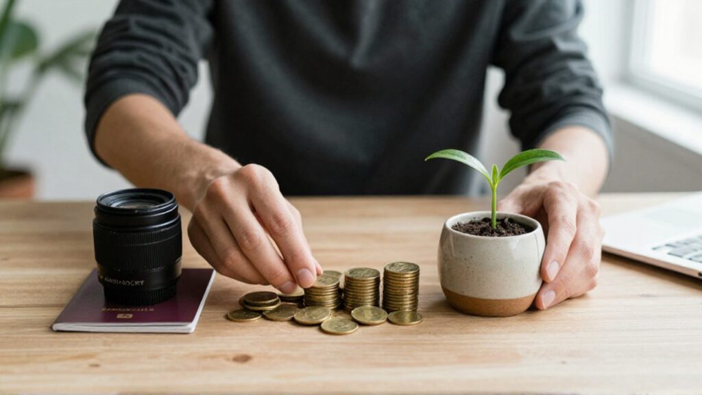 Manos organizando sobre un escritorio dos grupos de objetos: artículos de estilo de vida como un pasaporte y una lente por un lado, y monedas de oro junto a una pequeña planta por el otro.
