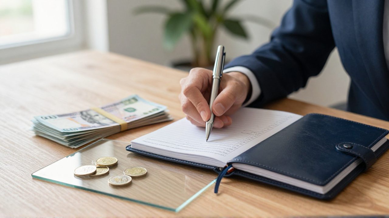 Una persona anota cálculos en un cuaderno sobre un escritorio junto a billetes y monedas, con una lámina de vidrio que cubre el dinero simulando el efecto de los impuestos.