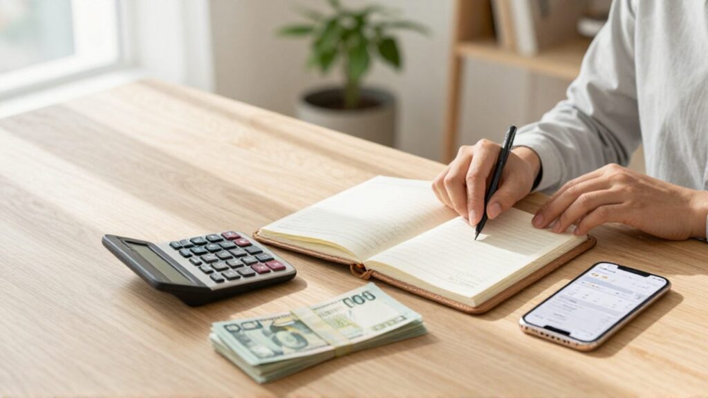 Manos organizando una calculadora, un cuaderno de presupuesto y billetes sobre un escritorio de madera para representar la planificación financiera.