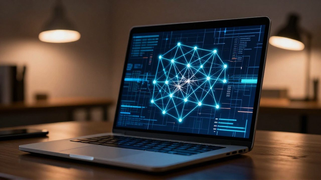Pantalla de un ordenador portátil que muestra una red digital de nodos interconectados con una fractura en los datos que simboliza fallos técnicos y riesgos de automatización.