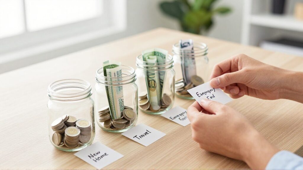 Manos organizando frascos de vidrio con monedas y billetes etiquetados con metas financieras como "Nuevo Hogar" y "Viajes" sobre un escritorio.
