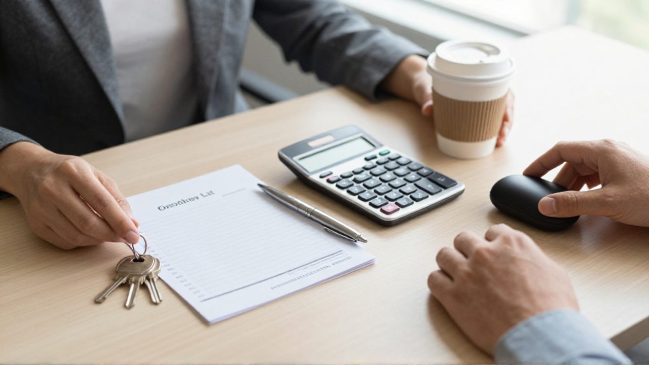Manos clasificando objetos esenciales, como una lista de compras y facturas, frente a artículos de lujo como un café de diseño y un dispositivo tecnológico sobre un escritorio.