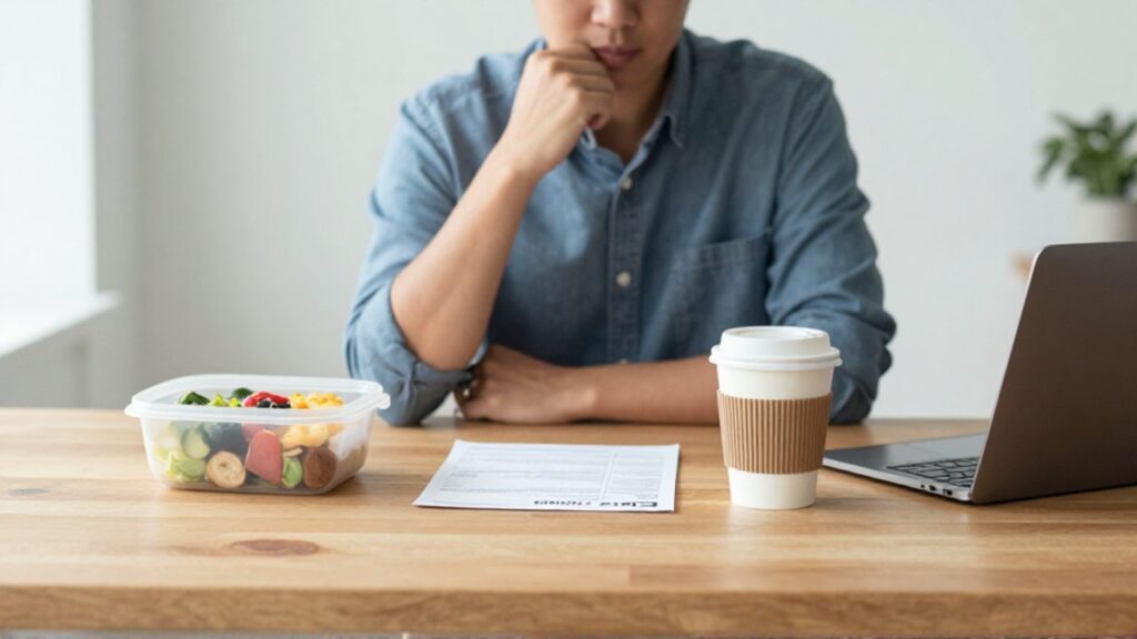 Persona sentada frente a un escritorio comparando una comida sencilla y una factura de servicios con un café de diseño y un dispositivo tecnológico.