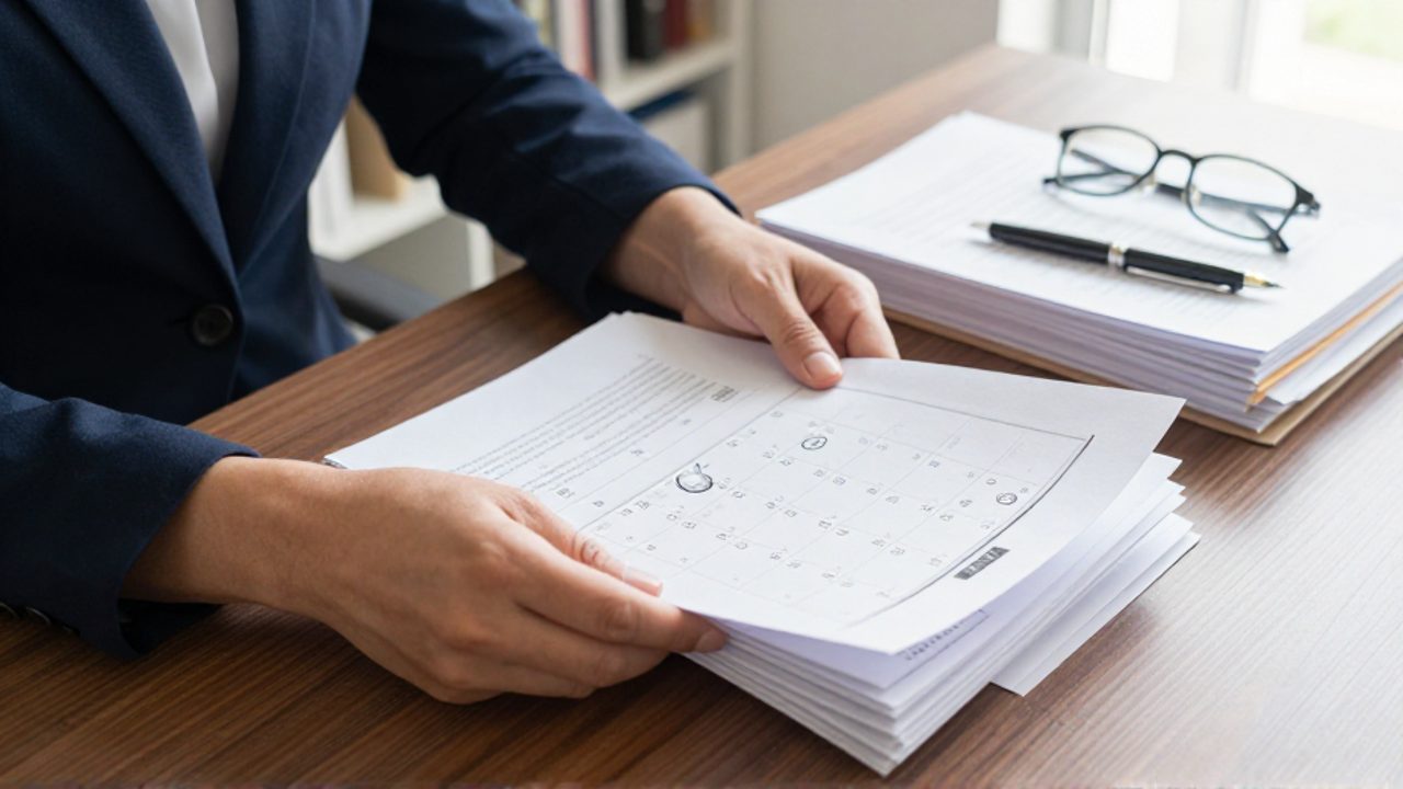Manos organizando documentos legales y un calendario con fechas marcadas sobre un escritorio de madera.