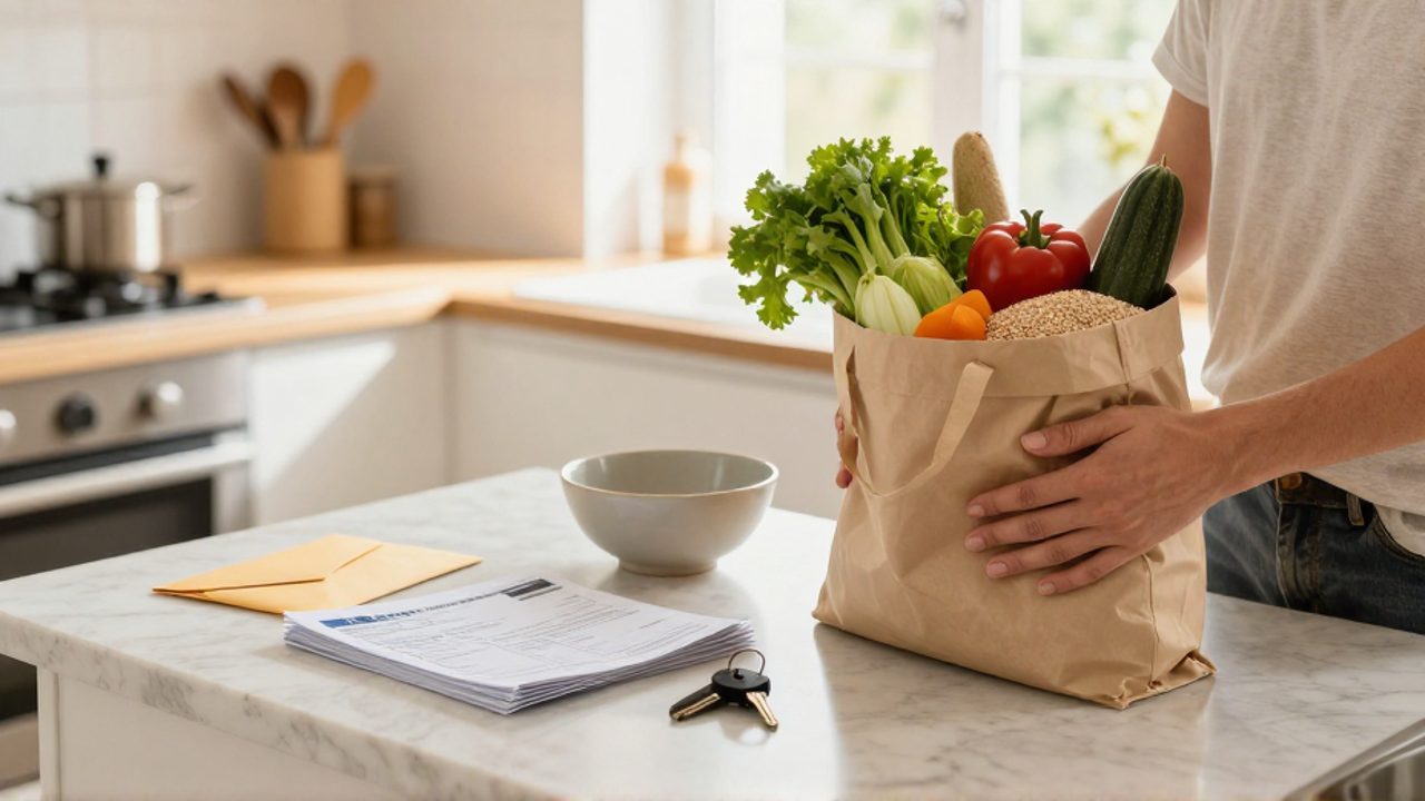 Manos colocando una bolsa de compras con vegetales frescos junto a facturas de servicios y una llave sobre la encimera de una cocina luminosa.