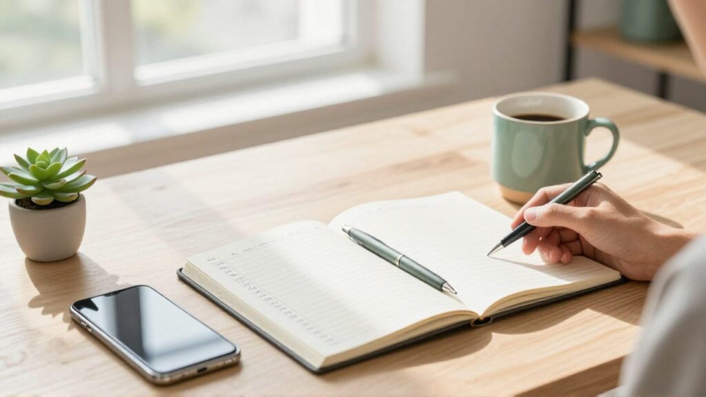 Escritorio organizado con un cuaderno abierto mostrando columnas de planificación financiera, un teléfono móvil, una taza de café y una pequeña planta.