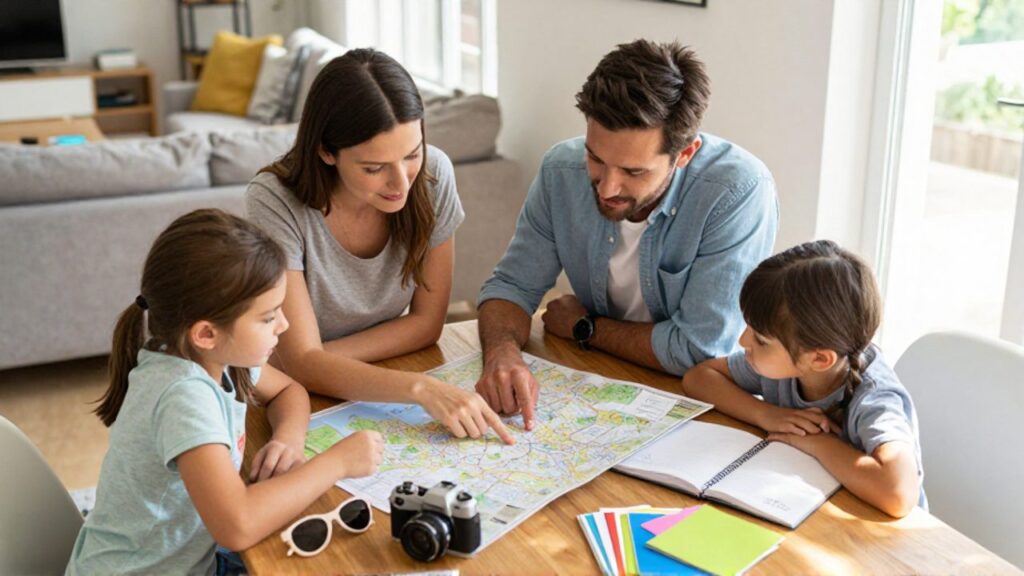 Una familia joven se reúne alrededor de una mesa de madera para planificar un viaje consultando un mapa y un cuaderno de presupuesto.