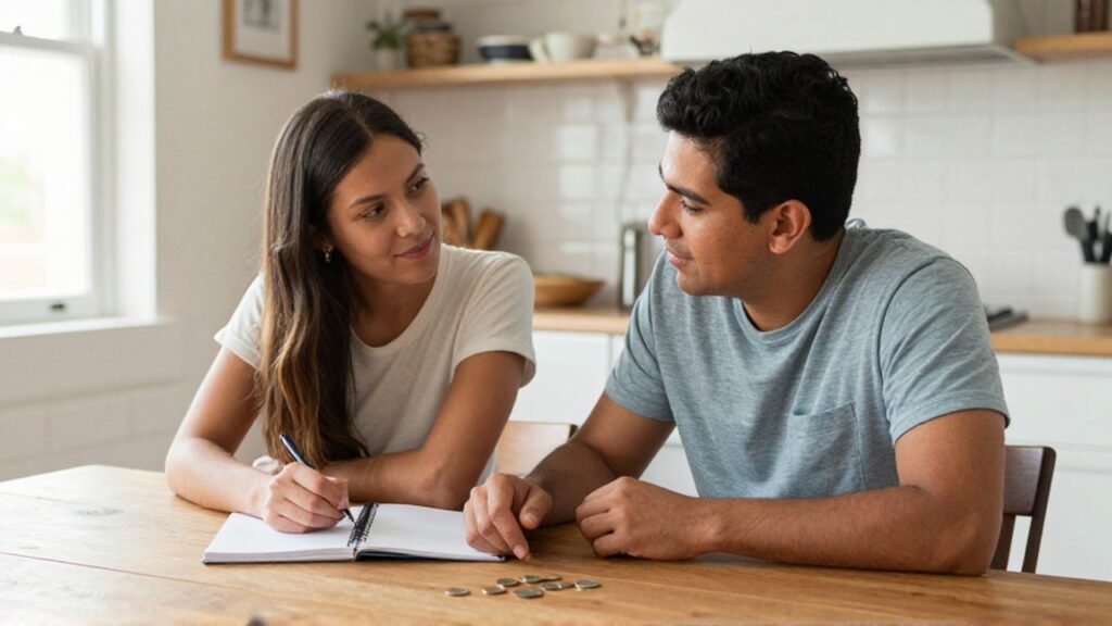 Pareja latinoamericana conversa sentada ante una mesa de madera con un cuaderno y algunas monedas.