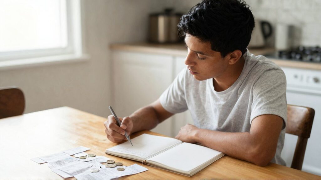 Una persona joven revisa recibos de papel y un cuaderno en una mesa de madera.