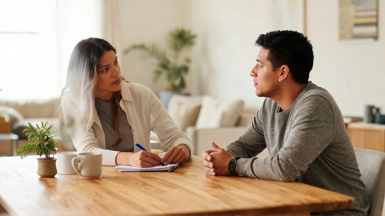 Pareja latinoamericana sentada a una mesa de madera conversando con un cuaderno y un bolígrafo.