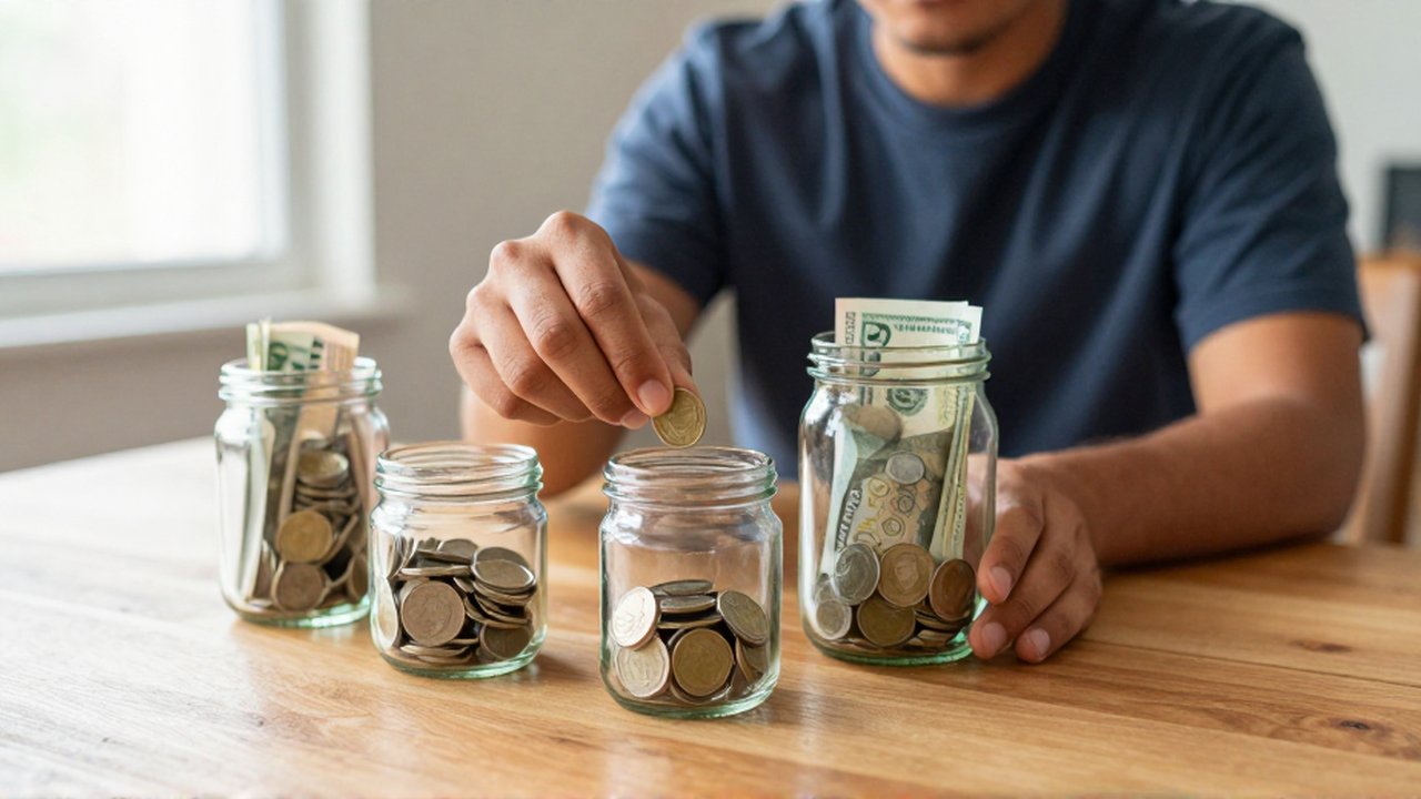 Una persona coloca una moneda en un pequeño frasco de vidrio junto a otros recipientes con ahorros.