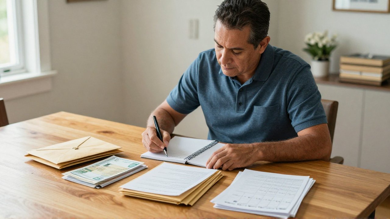 Un hombre latinoamericano organiza facturas y documentos con un cuaderno sobre una mesa de madera.