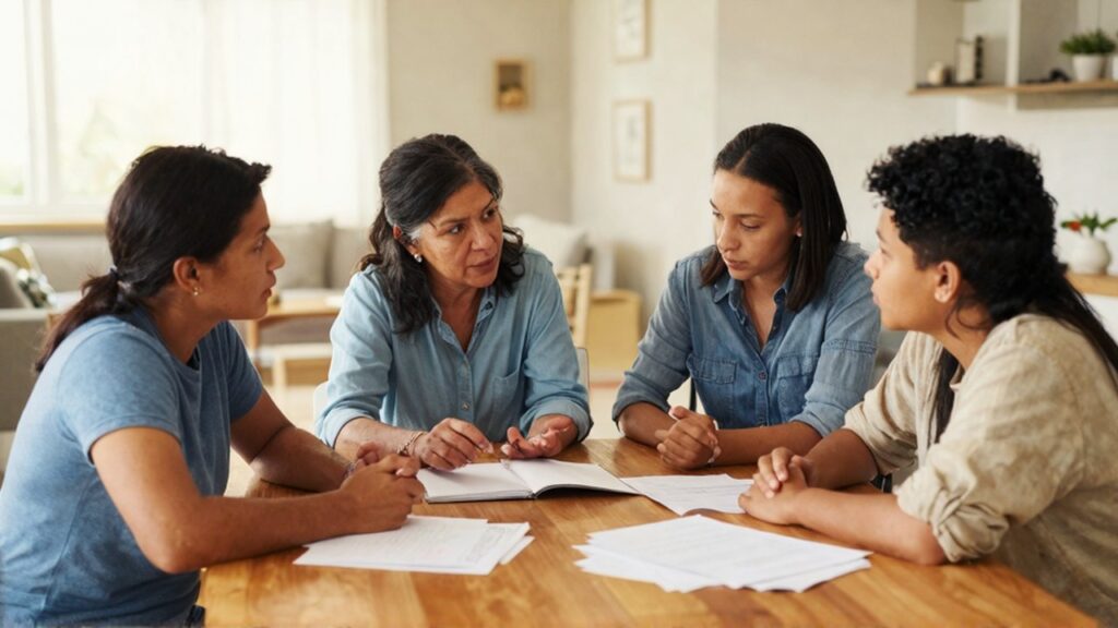 Dos adultos y un adolescente conversan alrededor de una mesa de madera con papeles y un cuaderno.