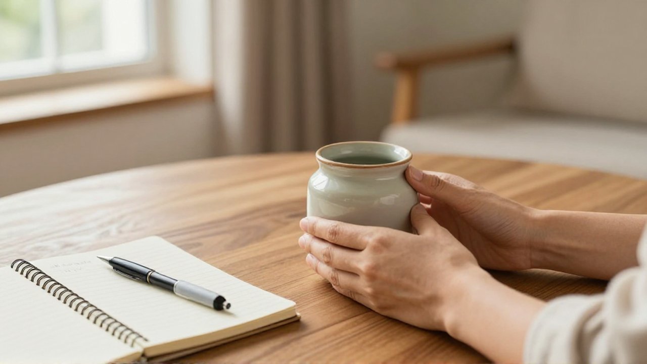 Unas manos colocan un pequeño frasco de cerámica sobre una mesa de madera junto a un cuaderno.