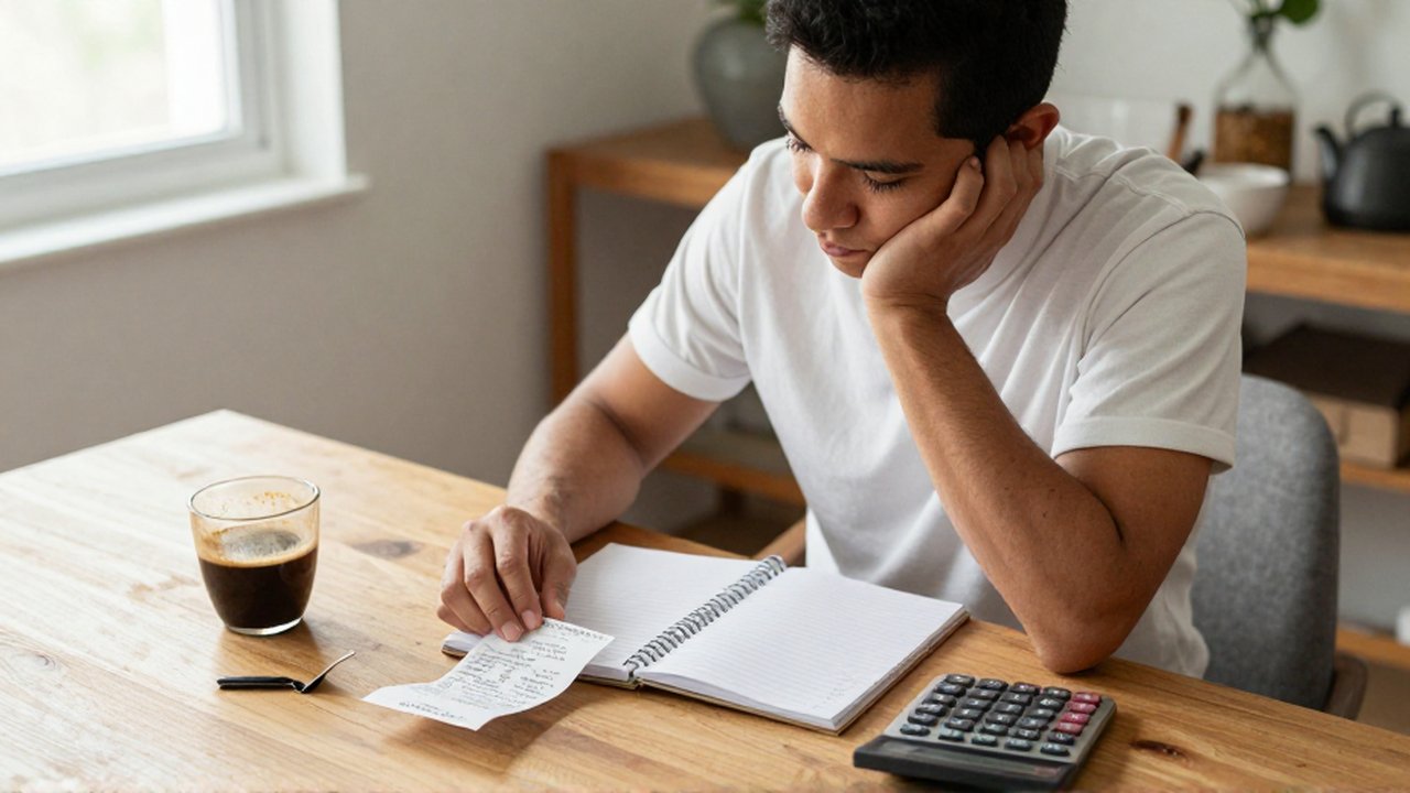 Persona sentada frente a una mesa de madera revisando cuadernos, recibos y una calculadora.